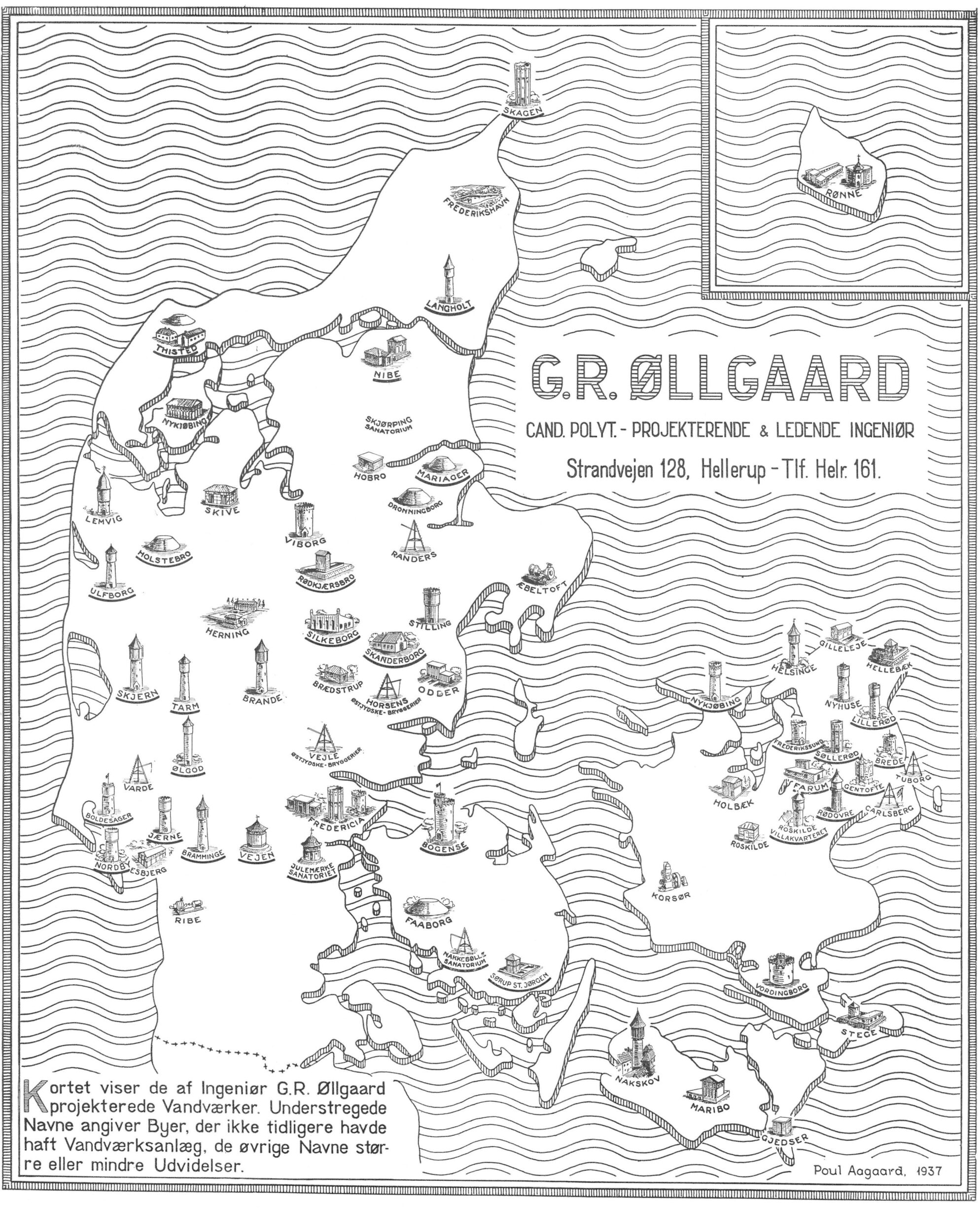 Kort over vandværker og vandværksanlæg projekteret af ØLLGAARD Rådgivende Ingeniører i perioden fra 1902-1937